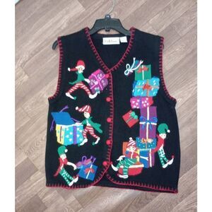 Christmas sweater. Vest , cardigan. Belle pointe elves. Size Large